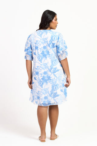 Curve Blue Floral Flutter Sleeve Tie Front Mini Skater Dress