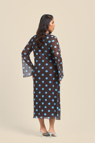 Curve Polka Dot Long Sleeve Ruched Mesh Midi Dress