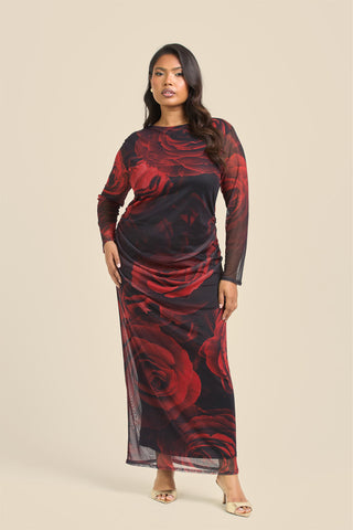 Curve rose print ruched midaxi dress