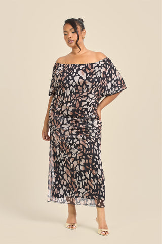 Curve Drop Shoulder Animal Print Mesh Midi Dress