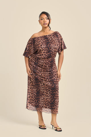 Curve Leopard Print Drop Shoulder Mesh Midi Dress