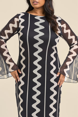 Curve mono print mesh flare sleeve maxi dress