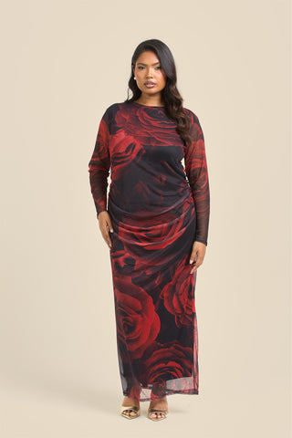 Curve rose print ruched midaxi dress