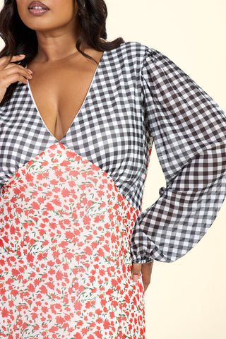 Curve Floral And Gingham Balloon Sleeve Midi Dress