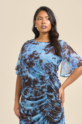 Curve Blue Abstract Print Flutter Sleeve Ruched Midi Dress