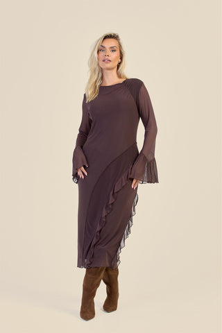 Curve Mesh Ruffle Sleeve Midi Dress