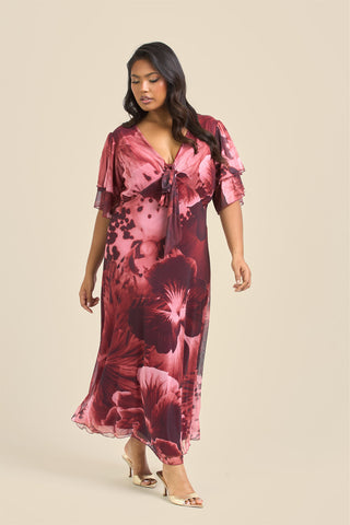 Curve Bold Pansy Print Flutter Sleeve Tie Front Midi Dress