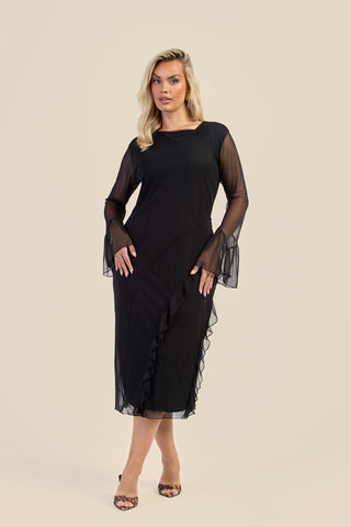 Curve Mesh Ruffle Sleeve Midi Dress