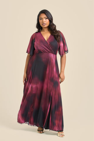 Curve Angel Sleeve wrap front maxi dress in berry abstract print