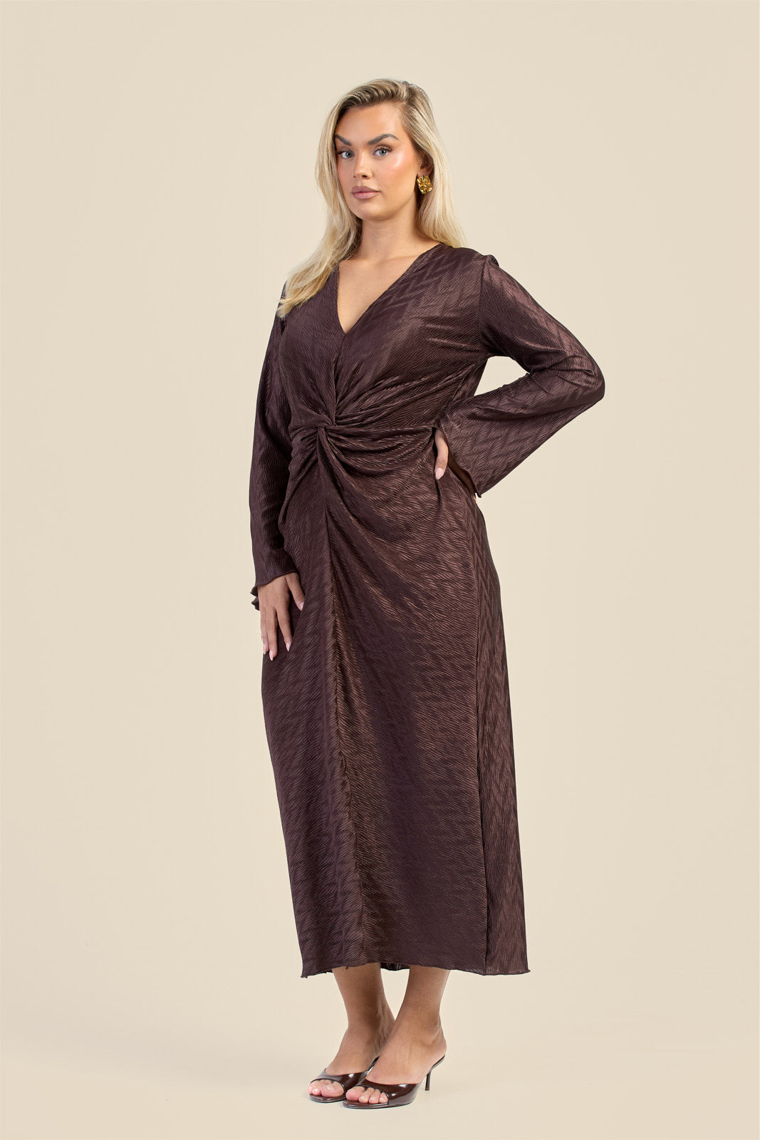 Plus Size Brown Plisse Twist Front Flare Sleeve Midaxi Dress Fashion//SZN Plus Size Brown Plisse Twist Front Flare Sleeve Midaxi Dress Fashion//SZN