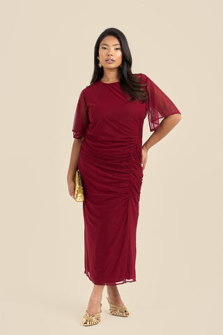 Plus Size Ruched Mesh Angel Sleeve Midaxi Dress