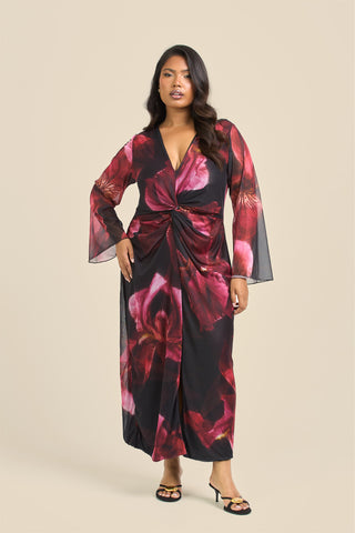 Curve Twist front large floral burgundy mesh midi dress