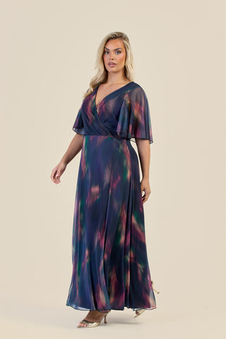 Curve Dark Water Colour Wrap Front Angel Sleeve Maxi Dress
