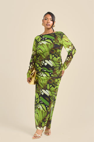Curve Abstract Print Ruched Mesh Midaxi Dress