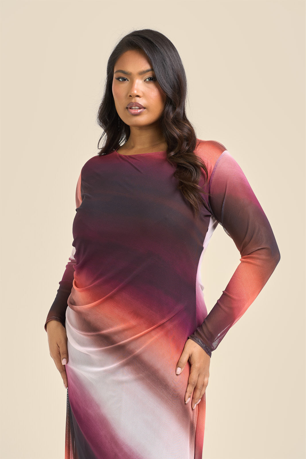 ombre mesh dress long sleeve Two-layer Long Sleeve Mesh Ombre Dress