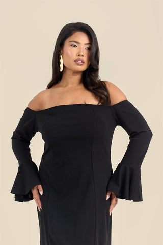 Curve Bardot Ruffle Sleeve Scuba Midi Dress