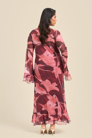 Curve Burgundy Abstract Ruffle Swing Style Maxi Dress