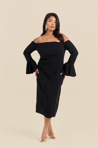 Curve Bardot Ruffle Sleeve Scuba Midi Dress