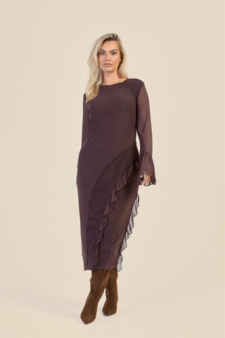Curve Mesh Ruffle Sleeve Midi Dress
