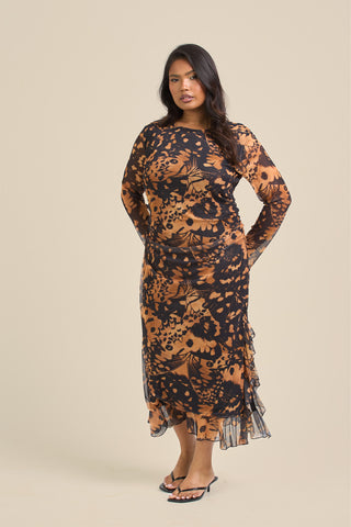 Curve Abstract Print Ruffle Hem Midi Midi Dress