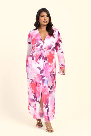 Curve Floral Twist Front Plunge Flare Sleeved Midi Dress