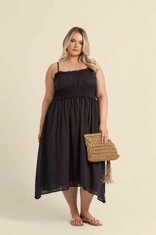 Curve Shirred Waist Linen Look Midi Dress