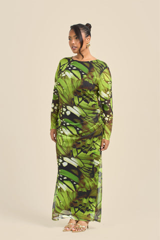 Curve Abstract Print Ruched Mesh Midaxi Dress
