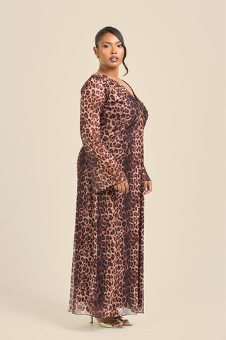 Curve Leopard Print Trim Detail Flare Sleeve Midi Dress