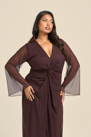 Curve Twist Front Plain Mesh Midaxi Dress