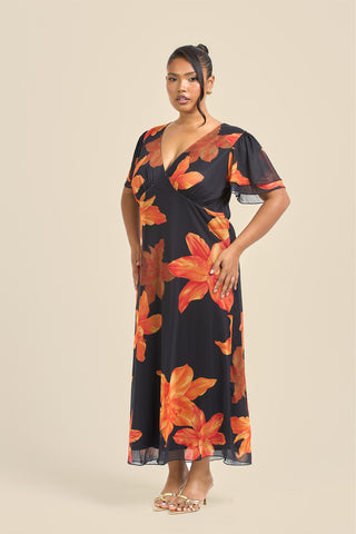 Curve Flutter Sleeve Bold Floral Midi Dress