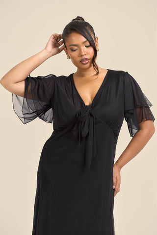 Curve Flutter Sleeve Black Mesh Tie Front Midi Dress
