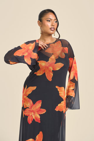 Curve Swing Style Bold Floral Mesh Midaxi Dress
