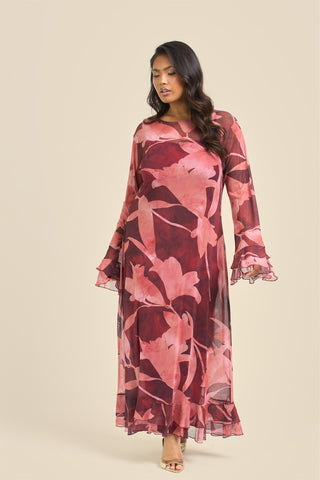 Curve Burgundy Abstract Ruffle Swing Style Maxi Dress