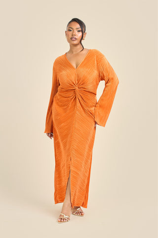 Curve Twist Front Plisse Flare Sleeve Midaxi Dress
