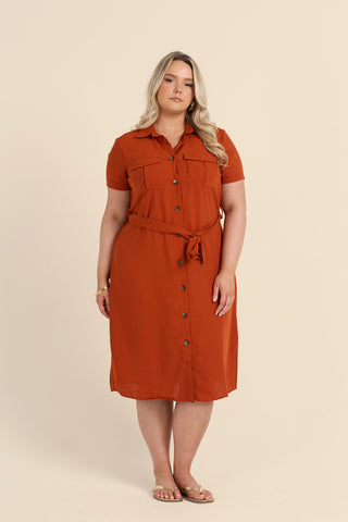 Curve Button Front Belted Shirt Dress