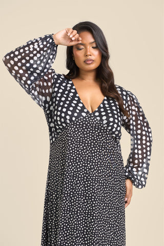 Curve Mixed Polka Dot Balloon Sleeve Midi Dress
