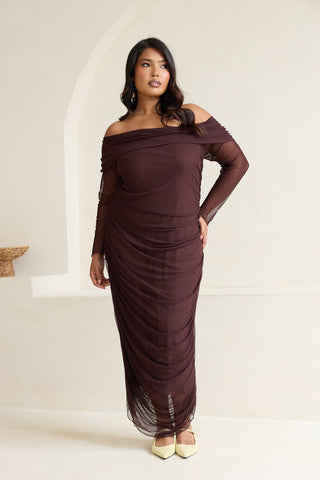 Curve Bardot Ruched Mesh Midaxi Dress