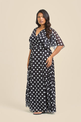 Curve Angel Sleeve Wrap Front Polka Dot Maxi Dress