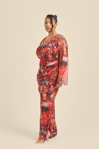 Curve Cowl Neck Abstract Butterfly Flare Sleeve Maxi Dress
