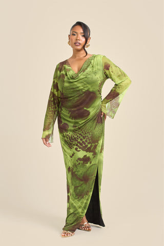 Curve Abstract Blurred Floral Cowl Neck Maxi Dress