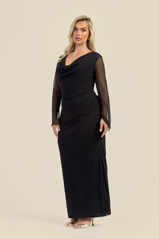 Curve Cowl Neck Long Sleeve Mesh Maxi Dress