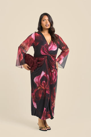 Curve Twist front large floral burgundy mesh midi dress