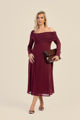 Curve Gathered Neck Long Sleeve Midi Dress
