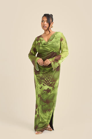 Curve Abstract Blurred Floral Cowl Neck Maxi Dress
