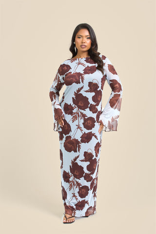 Curve Flare Sleeve Floral Print Mesh Maxi Dress