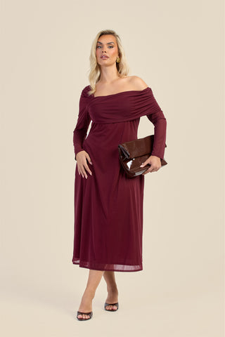 Curve Gathered Neck Long Sleeve Midi Dress