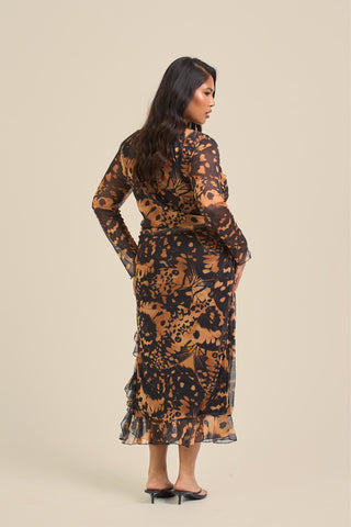 Curve Abstract Print Ruffle Hem Midi Midi Dress
