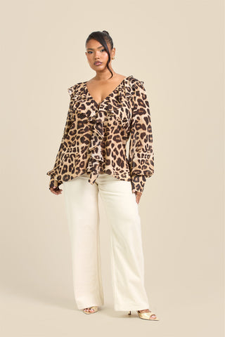 Curve Ruffle Leopard Chiffon Blouse