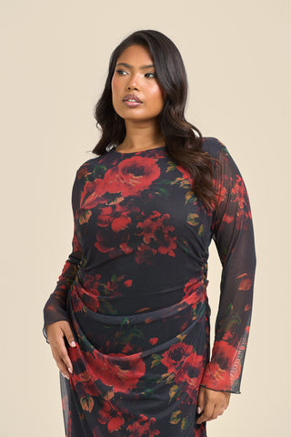 Curve Rose Print Ruffle Hem Mesh Midi Dress