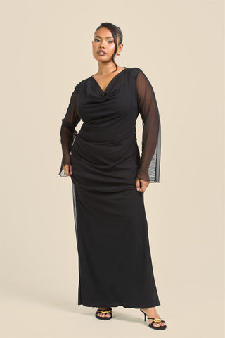 Curve Cowl Neck Long Sleeve Mesh Maxi Dress